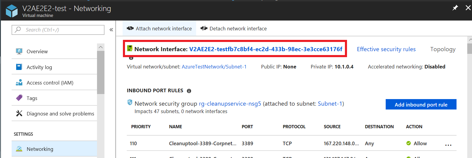 Screenshot shows the Networking page for a virtual machine with the network interface name selected.