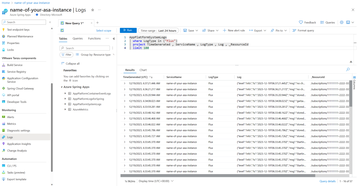 Schermopname van Azure Portal met het queryresultaat van logboeken voor flux-source-controller.
