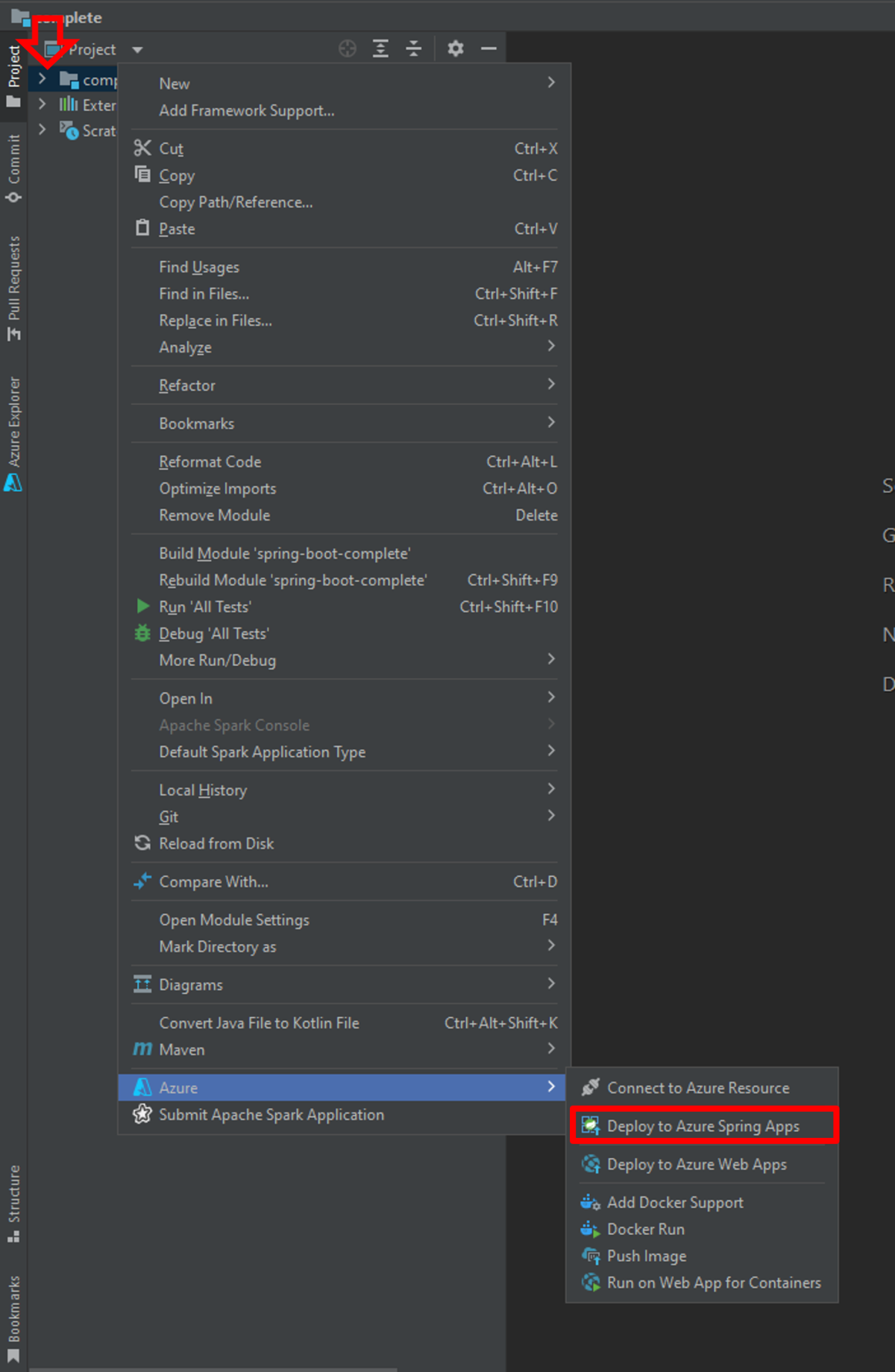 Schermopname van het contextmenu van IntelliJ IDEA met de optie Implementeren in Azure Spring Apps gemarkeerd.