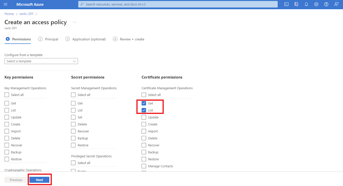 Schermopname van Azure Portal met de pagina Een toegangsbeleid maken met het deelvenster Machtigingen en machtigingen ophalen en weergeven gemarkeerd.