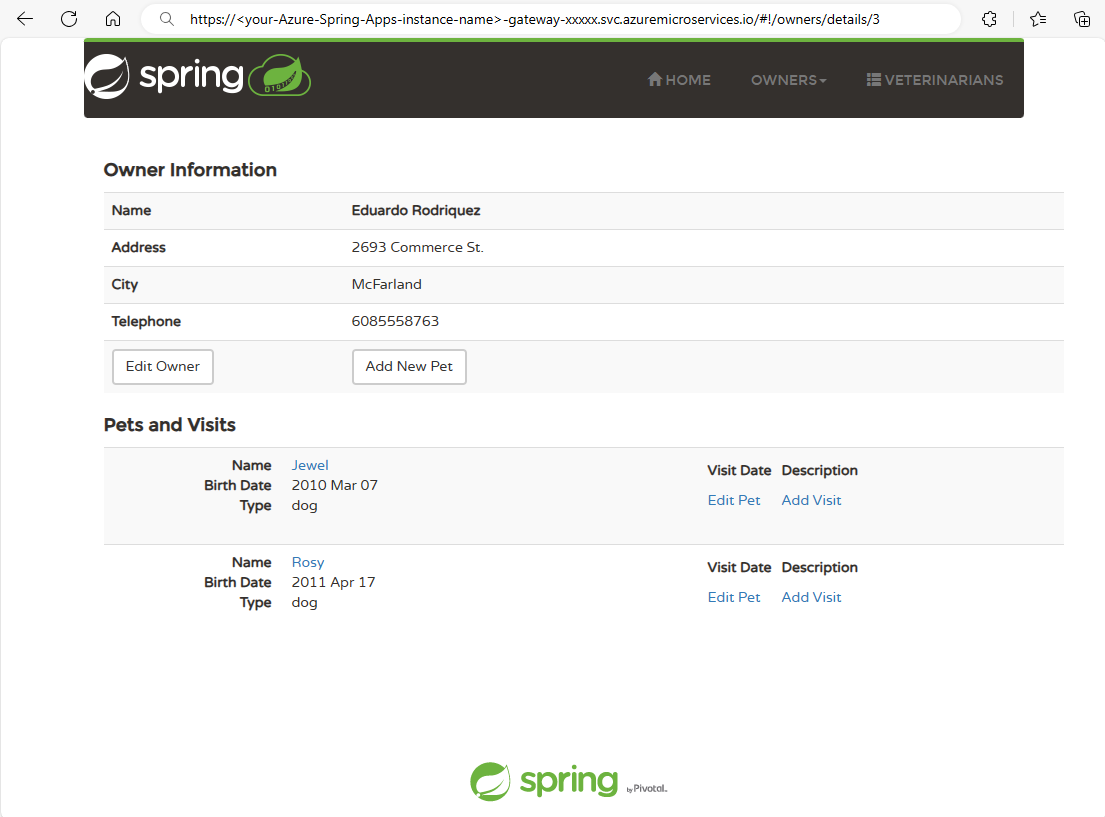 Schermopname van de PetClinic-toepassing die wordt uitgevoerd in een Azure Spring Apps Enterprise-abonnement.