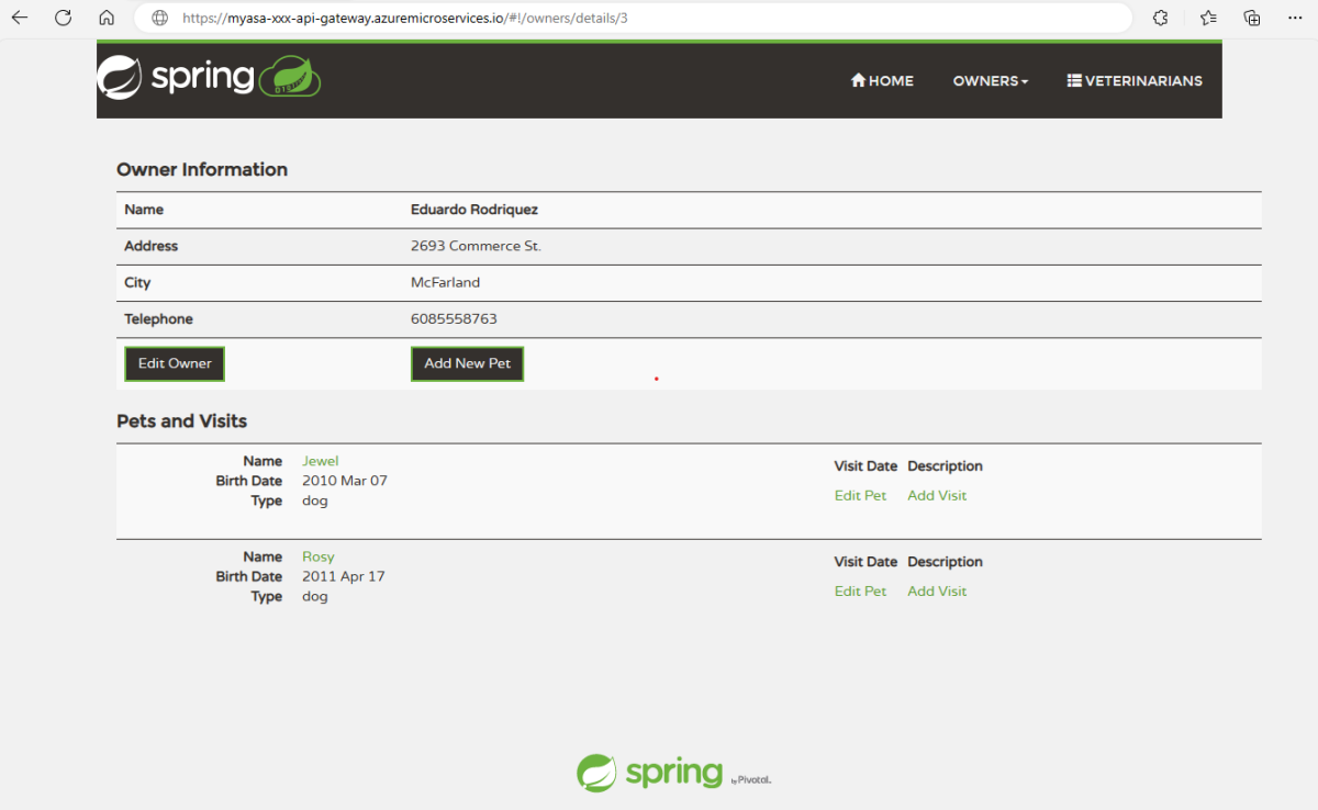 Schermopname van de PetClinic-toepassing die wordt uitgevoerd in Azure Spring Apps.