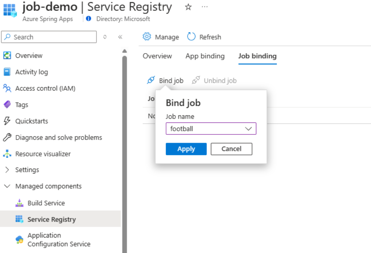 Schermopname van Azure Portal met de pagina Serviceregister met het dialoogvenster Bindingstaak geopend.