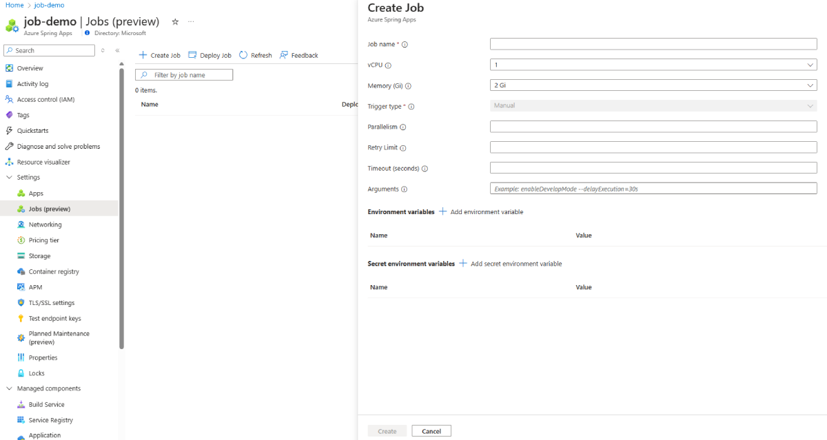 Schermopname van Azure Portal met de pagina Taken (preview) met het deelvenster Taak maken geopend.