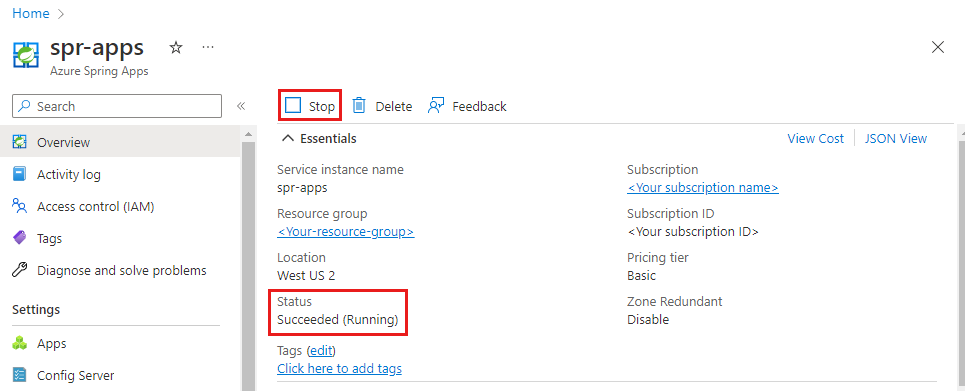 Schermopname van Azure Portal met de pagina Overzicht van Azure Spring Apps met de knop Stoppen en statuswaarde gemarkeerd.
