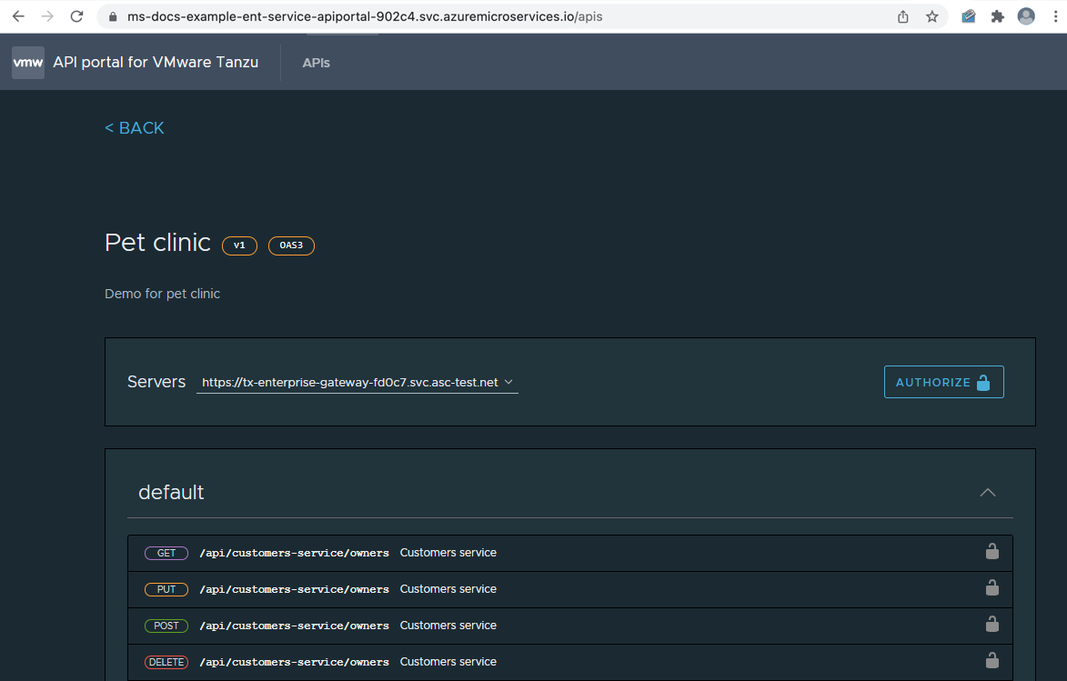 Schermopname van DE API-portal met de geconfigureerde routes.