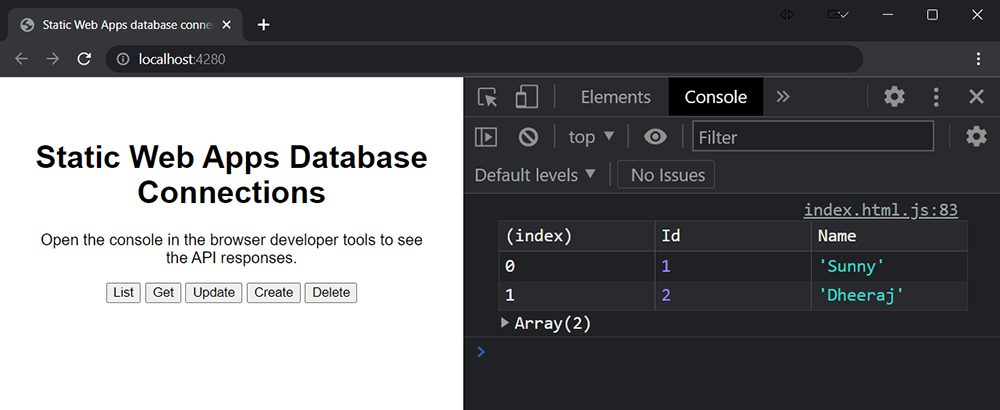 Web browser showing results from PostgreSQL selection in the developer tools console window.