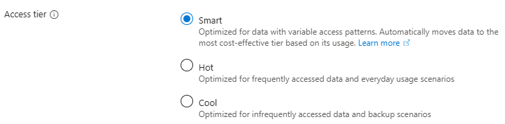 Schermopname die laat zien hoe u de standaardtoegangslaag instelt op Smart bij het maken van een opslagaccount.
