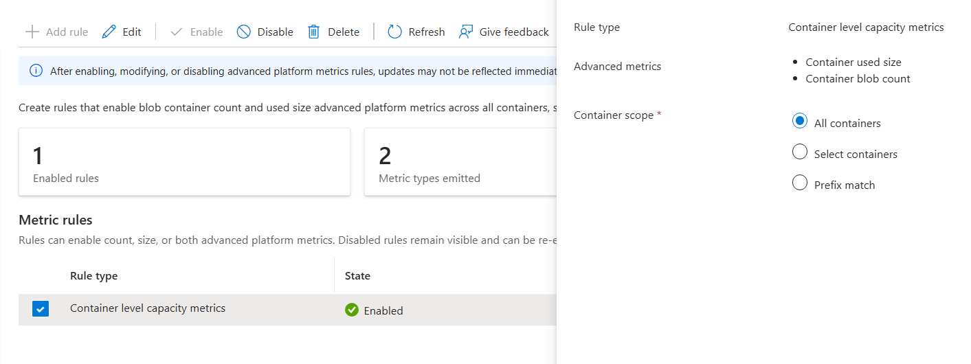 Screenshot van het Azure-portaal waarop de Edit rule-ervaring voor geavanceerde platformstatistieken wordt getoond.