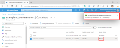 Screenshot showing a container's broken lease within the Azure portal.