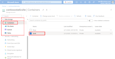 Schermopname van het inschakelen van hosting van statische websites in een opslagaccount met behulp van een blob-opslagcontainer.