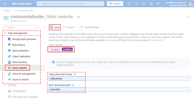 Schermopname van de locaties die worden gebruikt om het hosten van statische websites in te schakelen voor een opslagaccount.