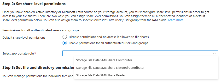 Schermopname van het instellen van een standaardmachtiging op shareniveau met behulp van Azure Portal.