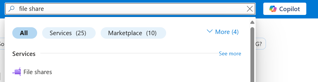 Een schermopname van het zoekvak van Azure Portal met resultaten voor bestandsshare.