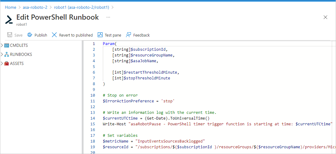 Schermopname van de runbookscripteditor in Azure Automation.