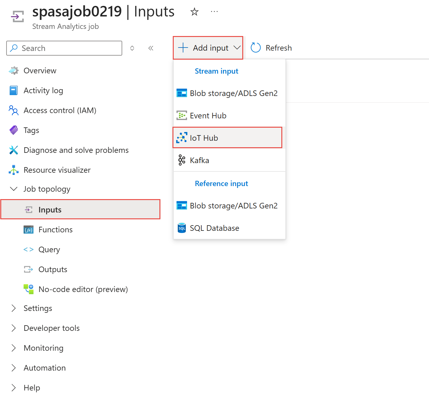 Screenshot showing the **Inputs** page with **Add stream input** > **IoT Hub** menu selected.**.