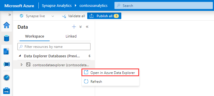 Schermopname van Azure Synapse Studio, met het openen van Azure Data Explorer in de context van een specifieke pool.