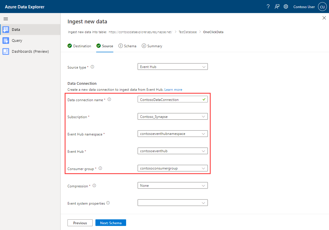 Schermopname van het brontabblad met velden voor projectgegevens die moeten worden ingevuld: nieuwe gegevens opnemen in Azure Synapse Data Explorer met Event Hub in de ervaring met één klik.