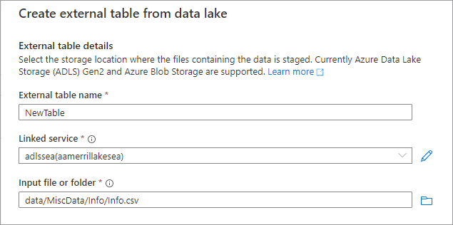 Schermopname van de opties in het deelvenster Externe tabel maken vanuit data lake