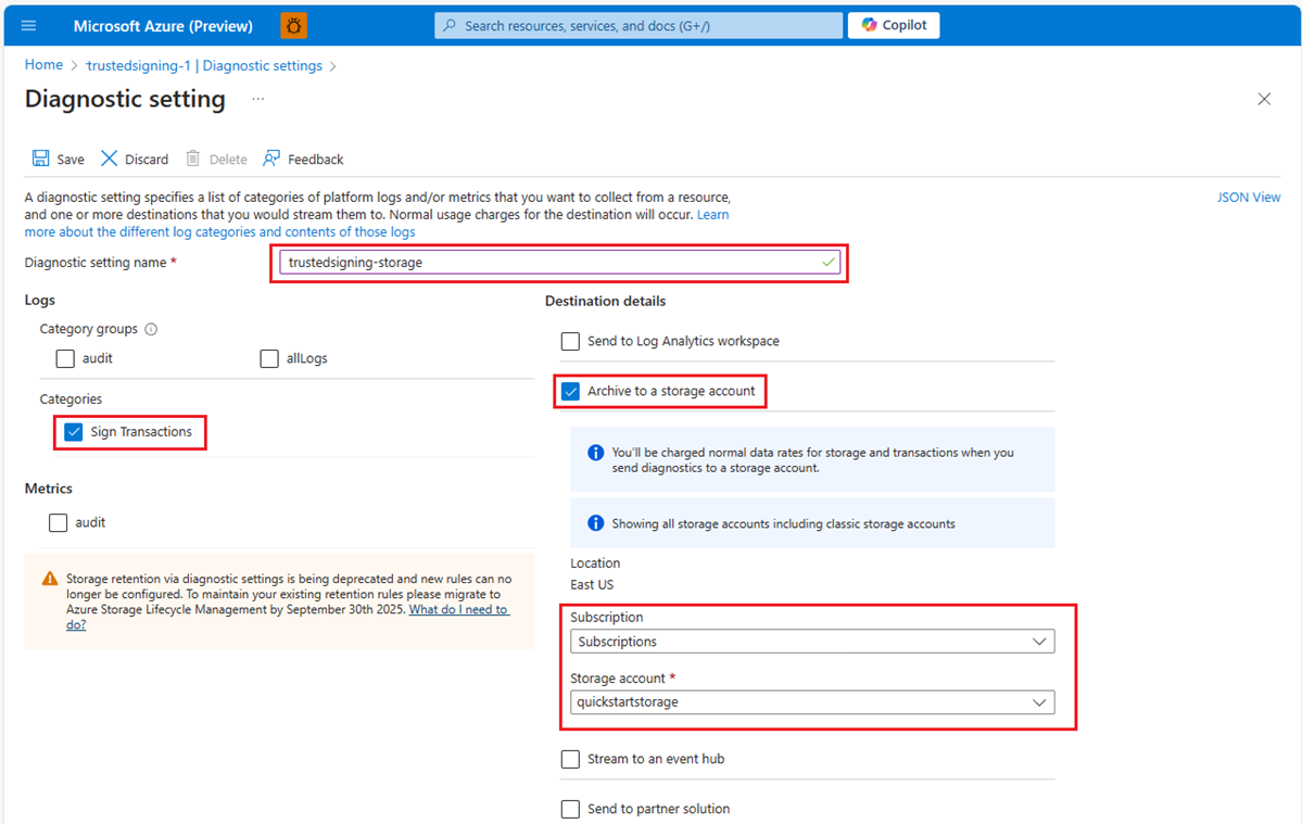 Schermopname van het configureren van een diagnostische instelling voor een opslagaccount.