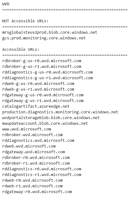 Een schermopname van de Azure Virtual Desktop Agent URL Tool die laat zien dat sommige FQDN's niet toegankelijk zijn.