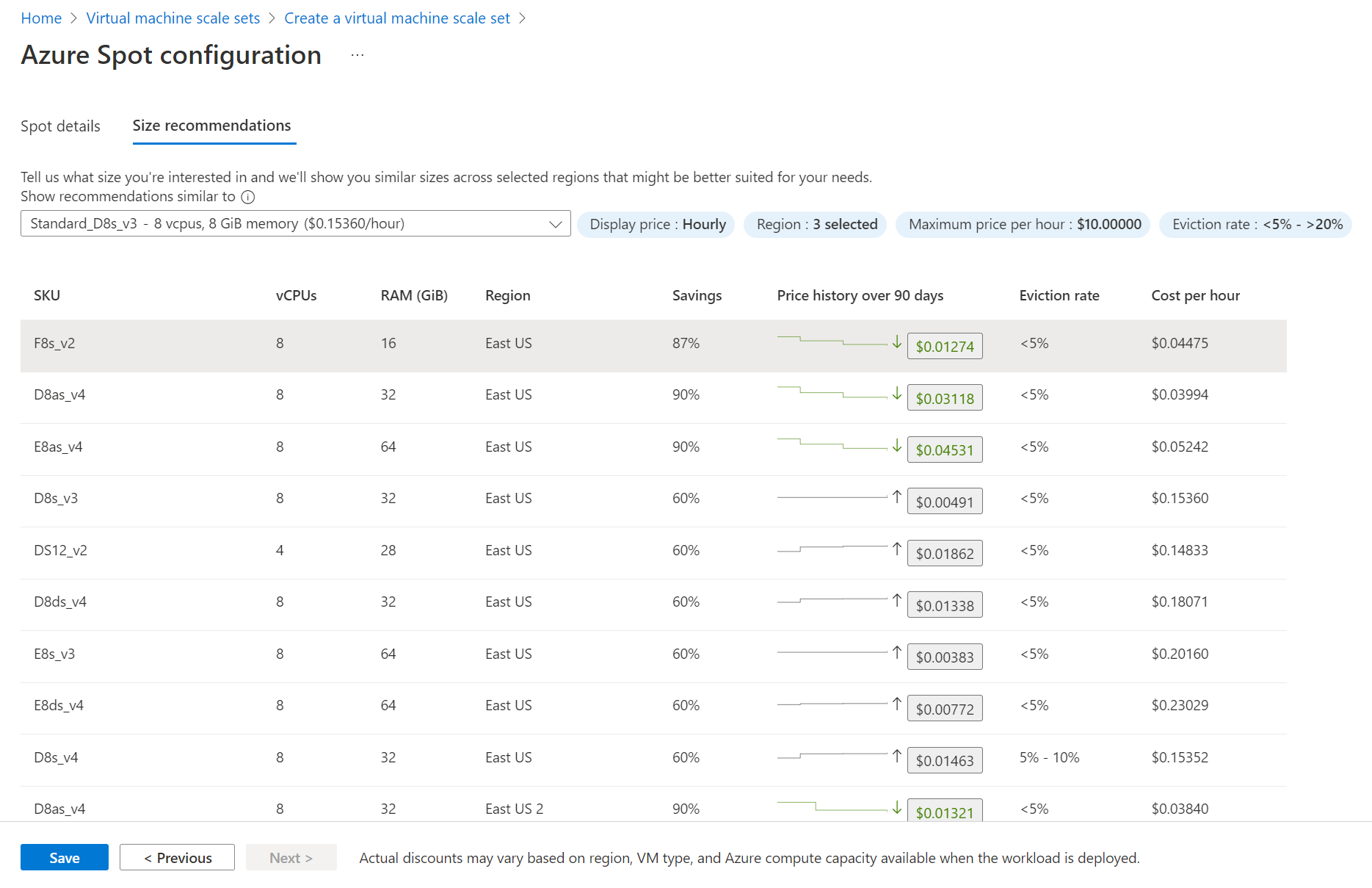 Schermopname van het tabblad Aanbevelingen voor grootte met een lijst met alternatieve VM-grootten.