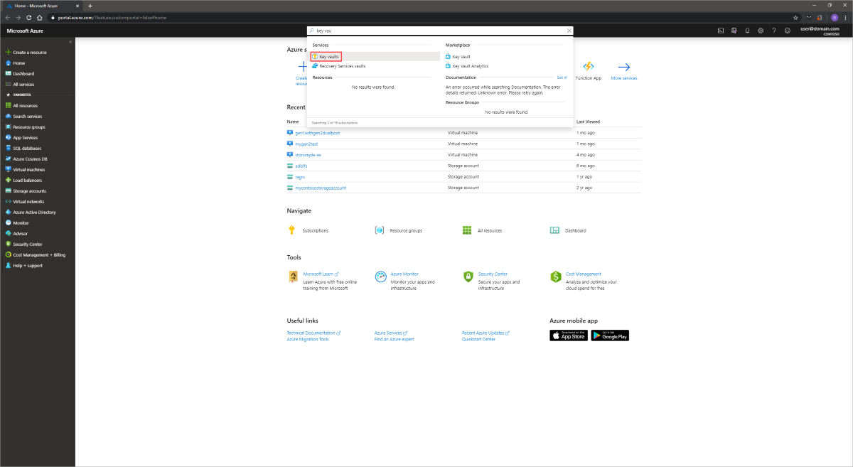 Schermopname van de Azure-portal met het zoekdialoogvenster uitgevouwen.