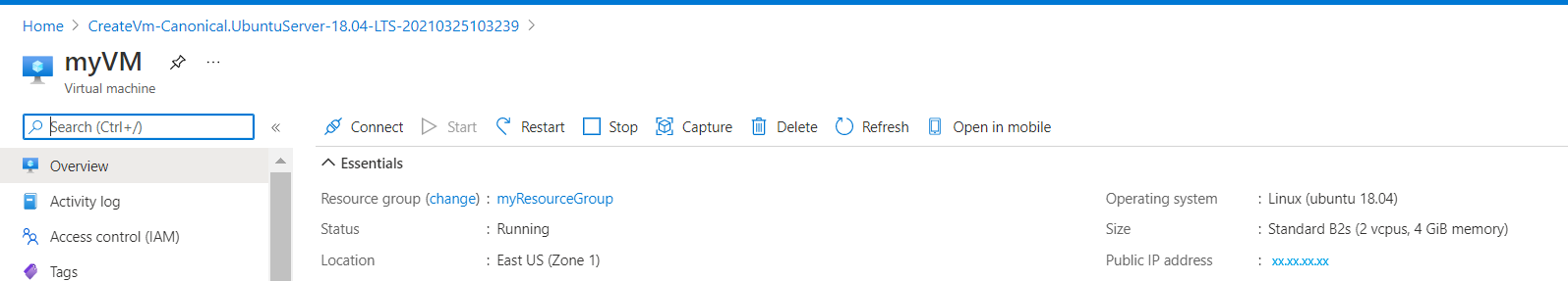 Toont het openbare IP-adres in de sectie Essentials van de overzichtspagina van de VM.