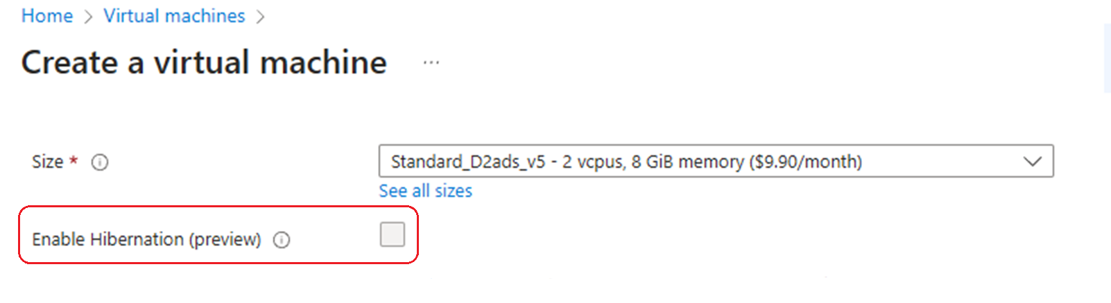 Schermopname van het selectievakje in Azure Portal om de sluimerstand in te schakelen tijdens het maken van een nieuwe Virtuele Linux-machine.