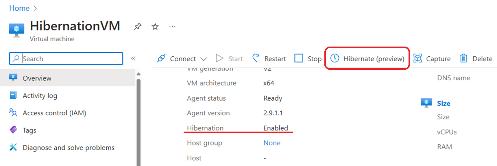 Schermopname van de knop om een VIRTUELE machine in de slaapstand te laten gaan in Azure Portal.