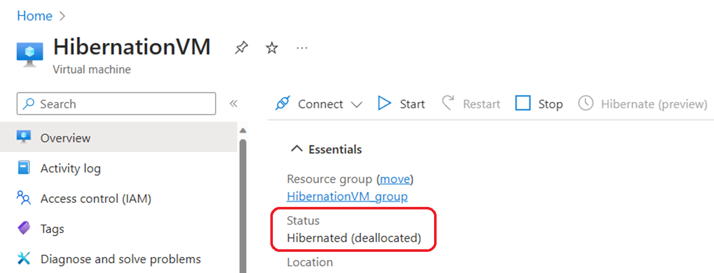 Schermopname van de status van de virtuele machine in de sluimerstand in De Azure-portal met de vermelding 'In de slaapstand gezet (toewijzing opgeheven)'.