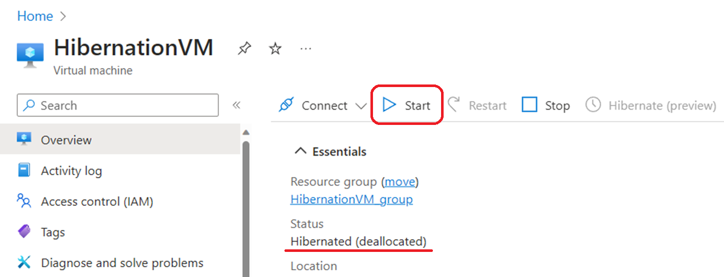 Schermopname van de azure-portalknop om een in de slaapstand geplaatste VM te starten met een onderstreepte status die wordt vermeld als 'Sluimerstand (toewijzing opgeheven)'.