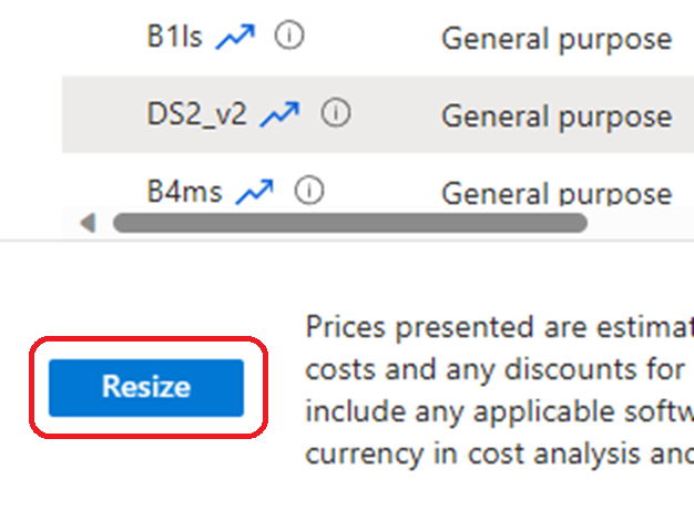 Screenshot of the resize button in the Azure portal.