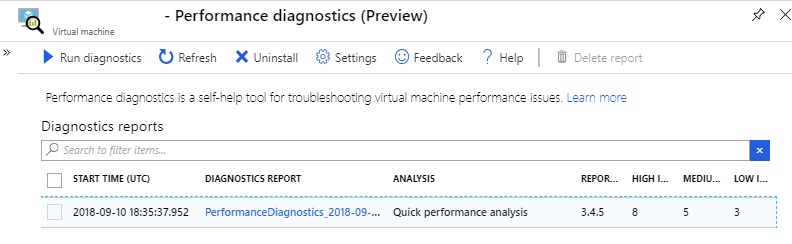 Schermopname van het selecteren van een diagnostisch rapport in het scherm Prestatiediagnose.