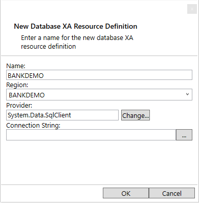 Scherm Nieuwe database XA-resourcedefinitie