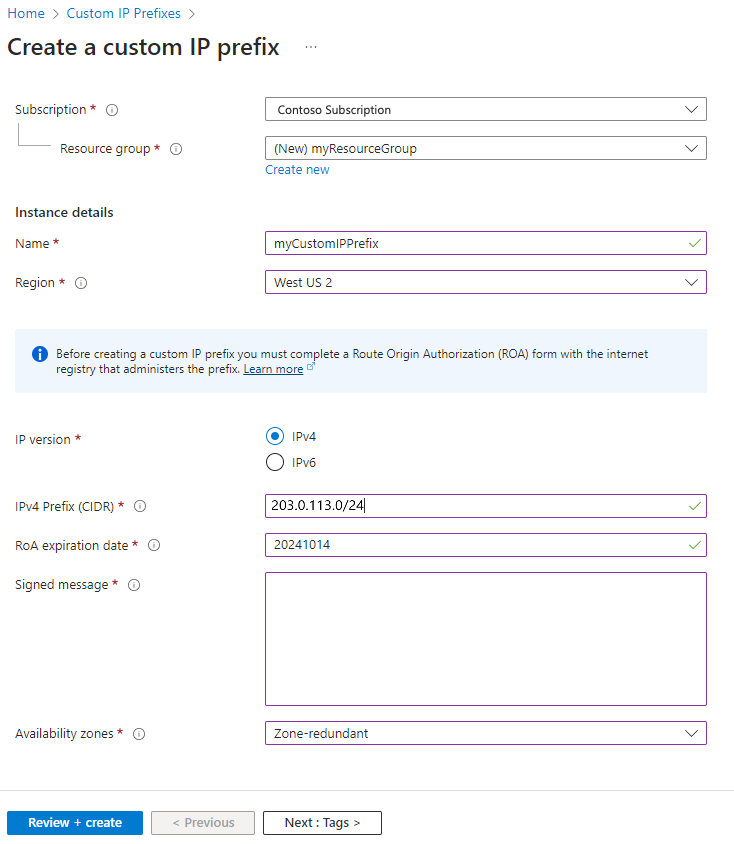 Schermopname van de pagina voor het maken van een aangepast IP-voorvoegsel in de Azure-portal.