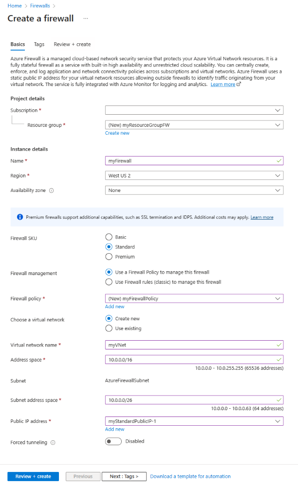 Schermopname van de pagina Firewall maken met de voorbeeldinformatie.