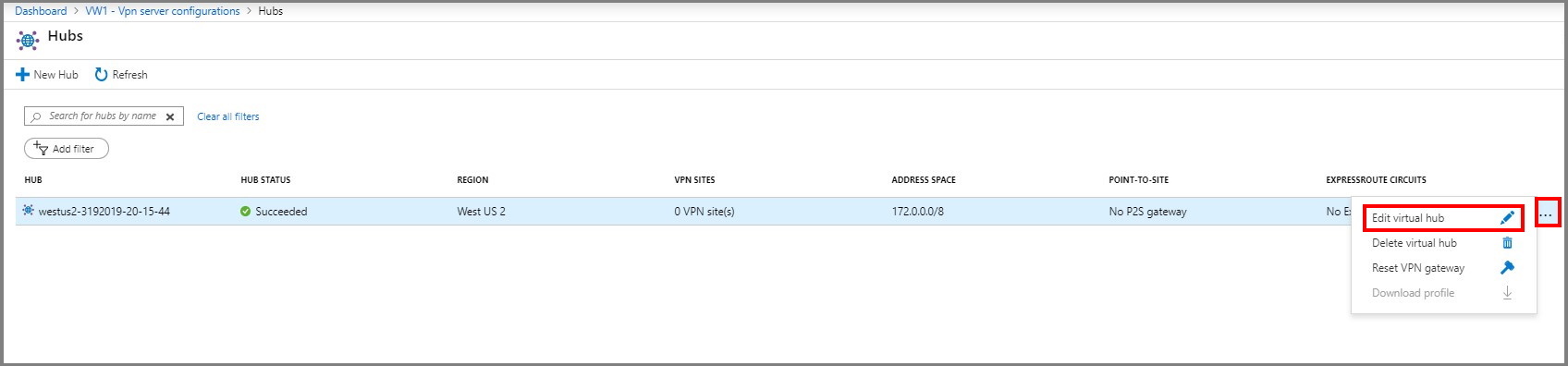Screenshot shows Edit virtual hub selected from the menu.