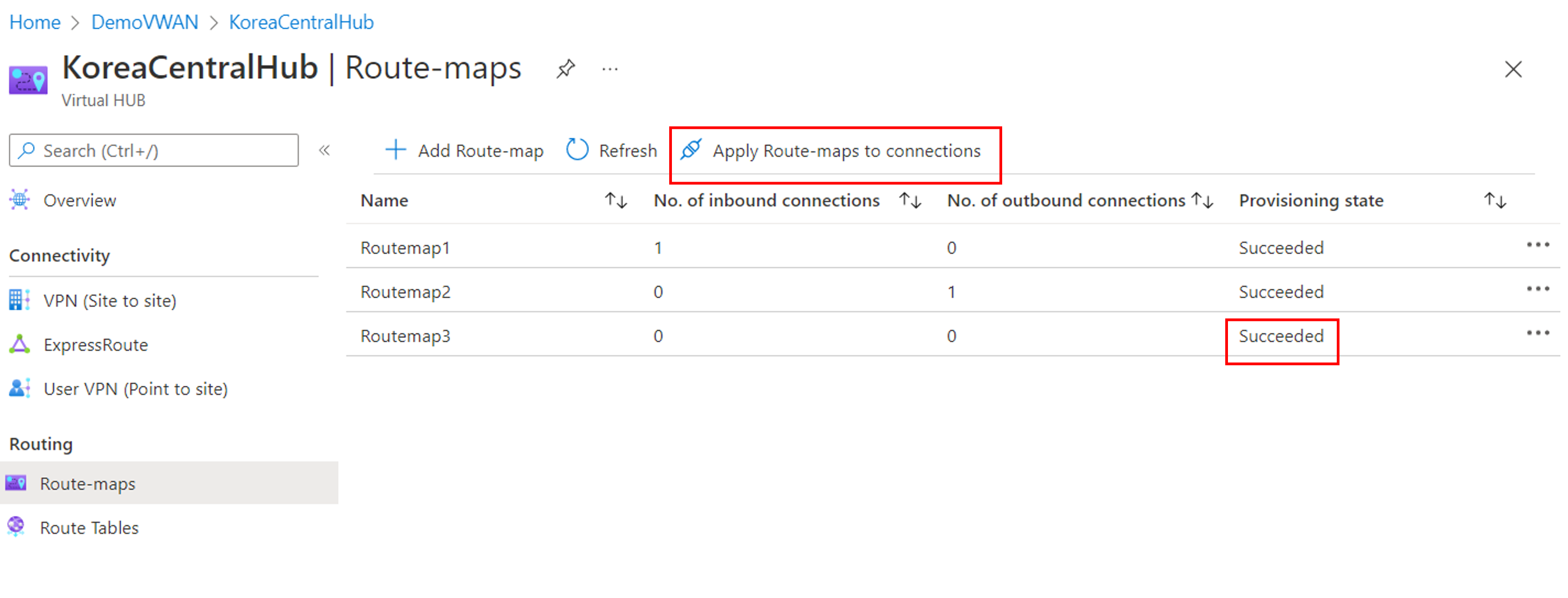Screenshot shows Apply Route-maps to connections.