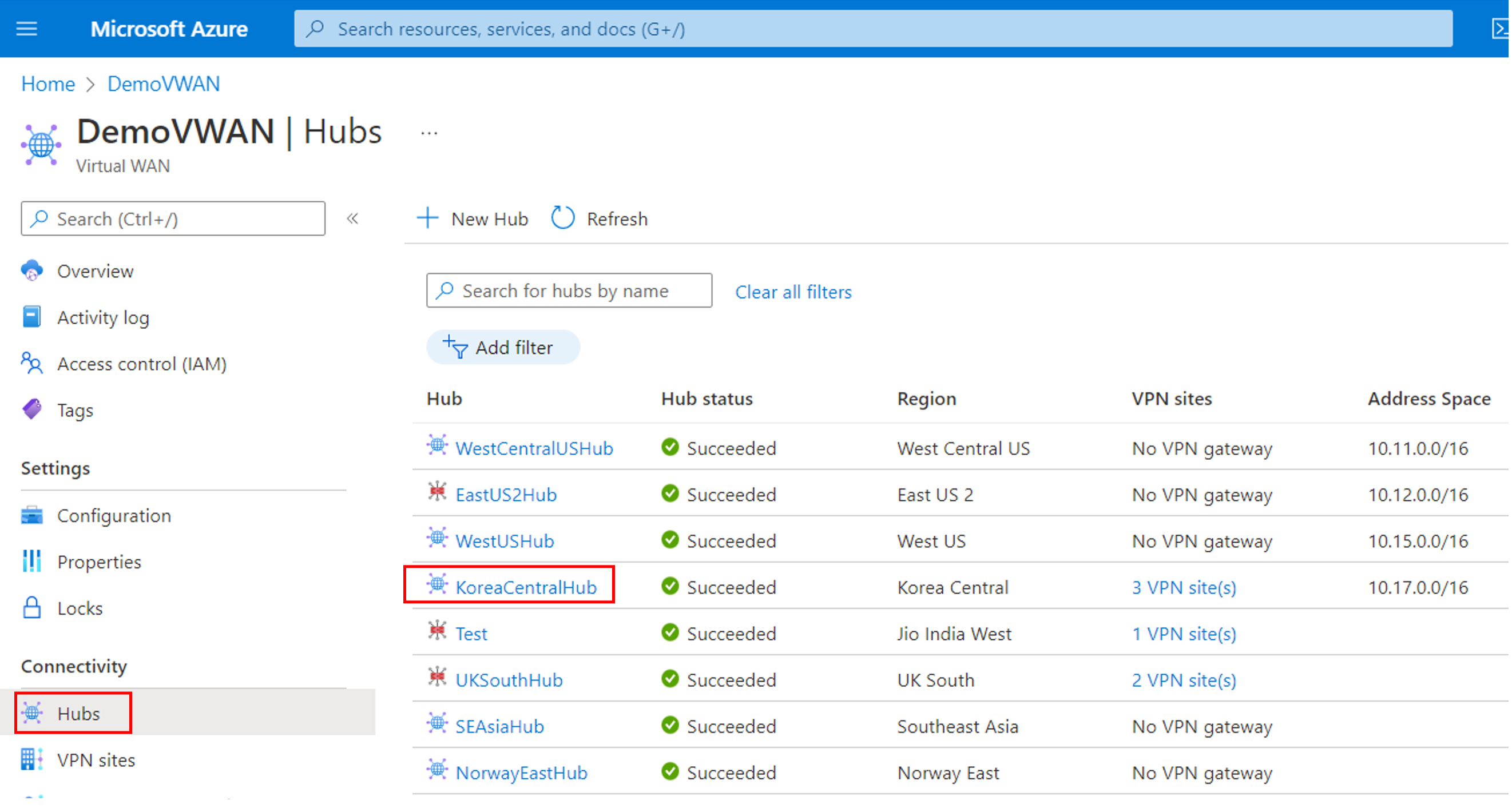Screenshot shows selecting the hub you want to configure.