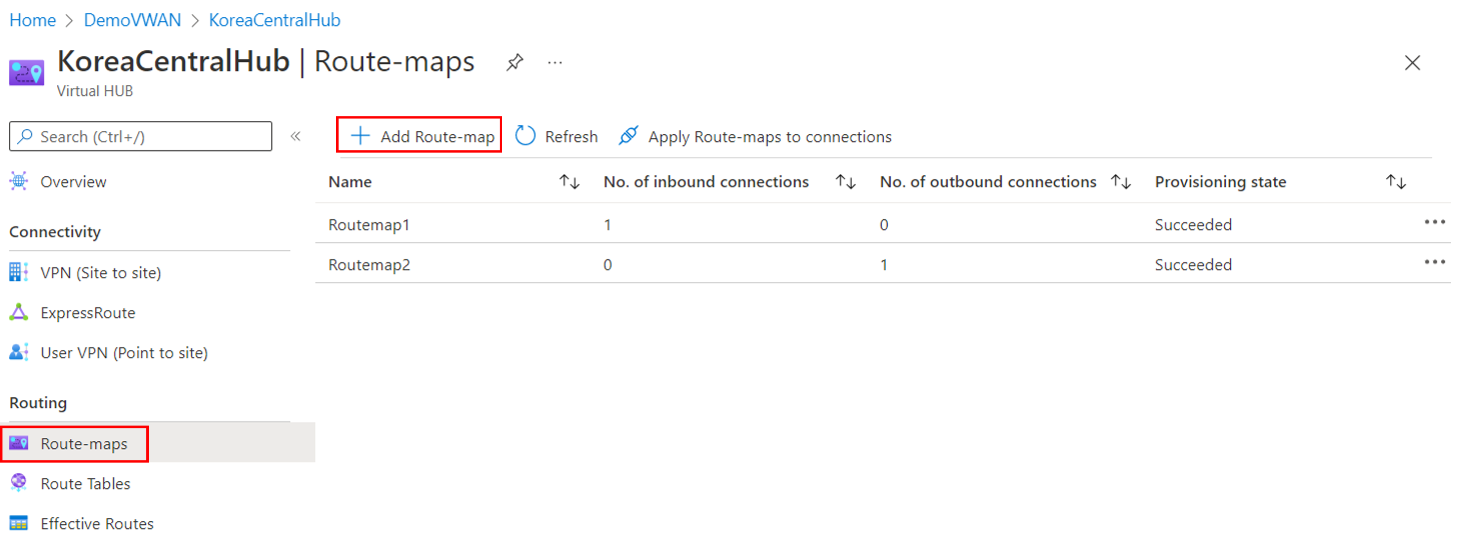 Screenshot shows Add Route-map selected.