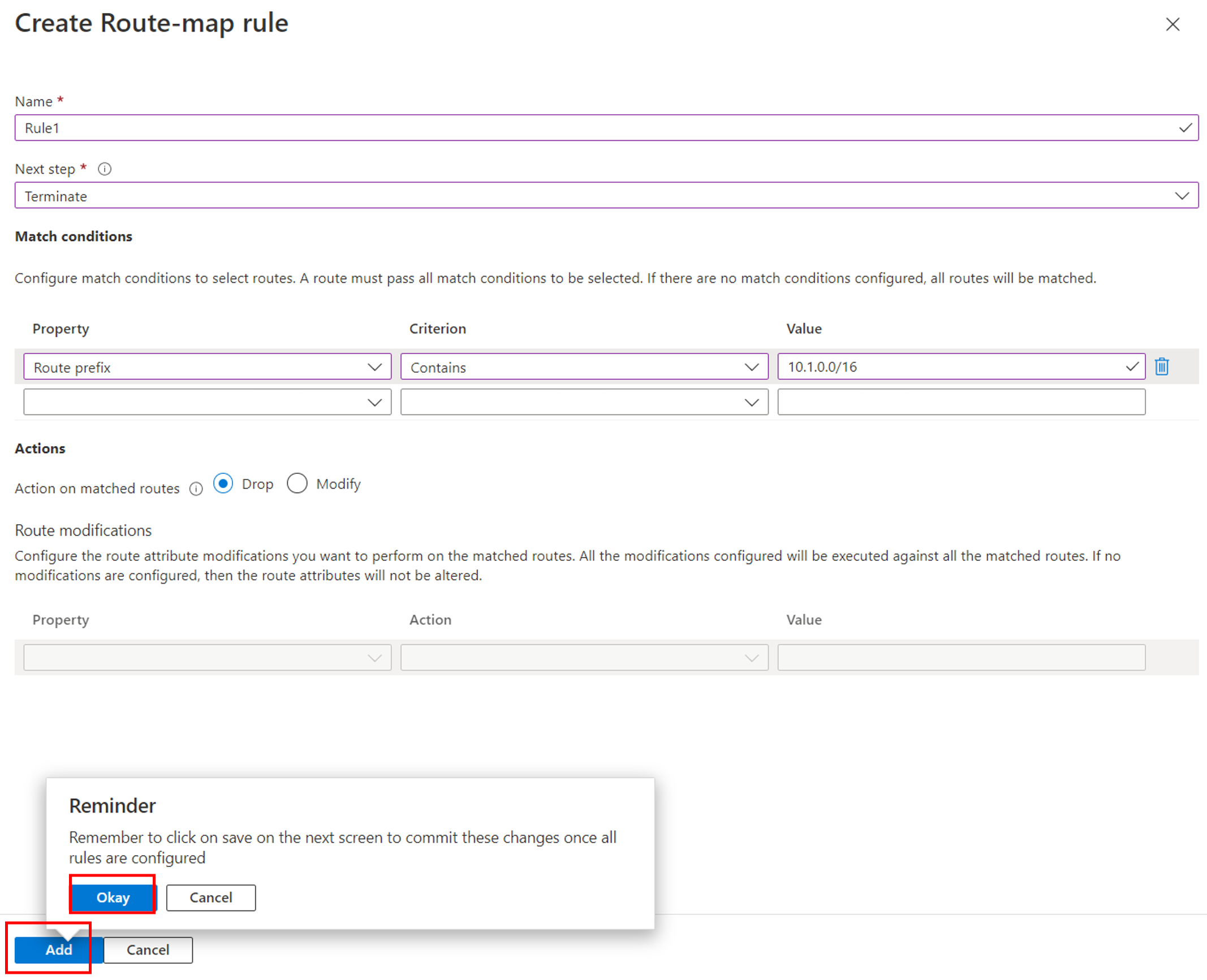 Screenshot shows Create Route-map rule page.