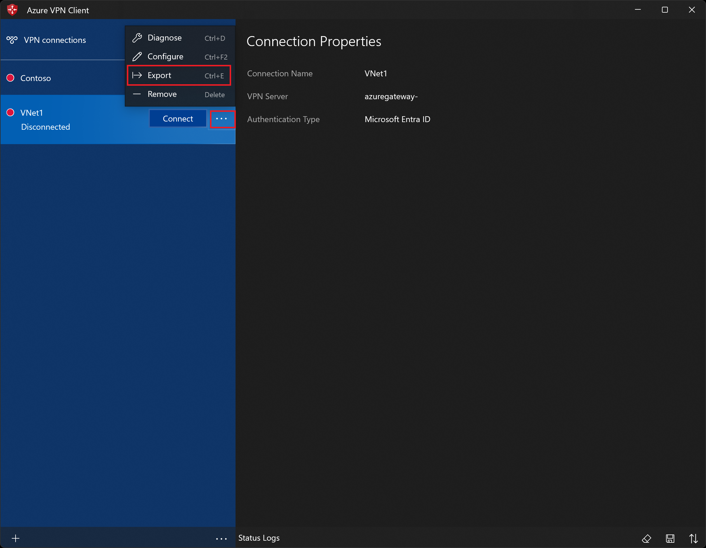 Schermopname van de pagina Azure VPN-client, met het beletselteken geselecteerd en Exporteren gemarkeerd.