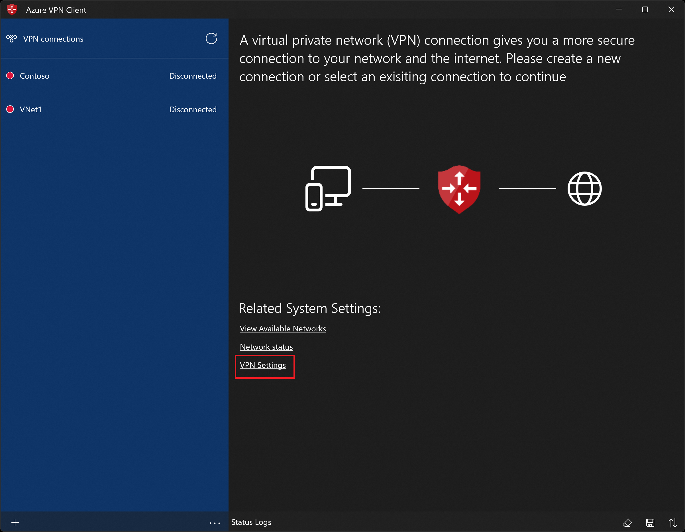 Schermopname van de vpn-startpagina met VPN-instellingen geselecteerd.
