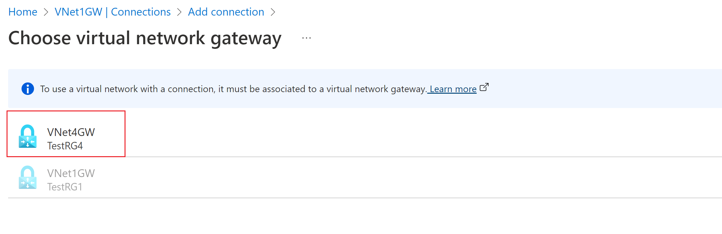 Schermopname van de pagina Een virtuele netwerkgateway kiezen met een andere gateway geselecteerd.