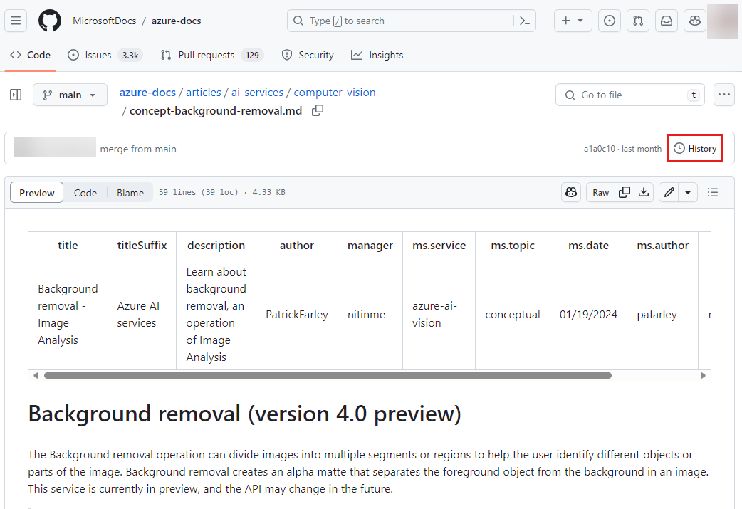 Schermopname van de knop Geschiedenis in GitHub voor het web.