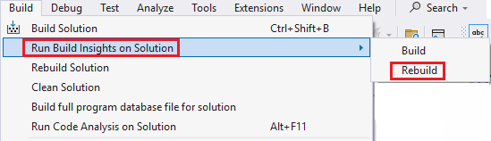 Schermopname van het hoofdmenu met Run Build Insights on Selection > Rebuild geselecteerd.