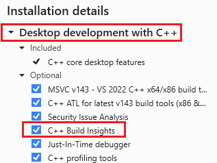 Schermopname van het Visual Studio-installatieprogramma met de desktopontwikkeling, waarbij de C++-workload is geselecteerd.