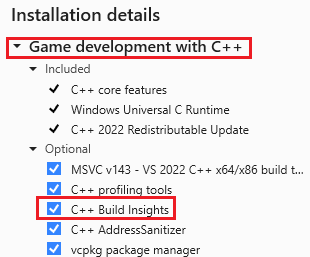 Schermopname van de Visual Studio Installer met de gameontwikkelingsworkload voor C++ geselecteerd.