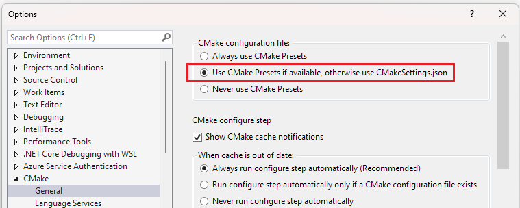 Schermopname van de Visual Studio-projectopties. Cmake > General is geselecteerd.